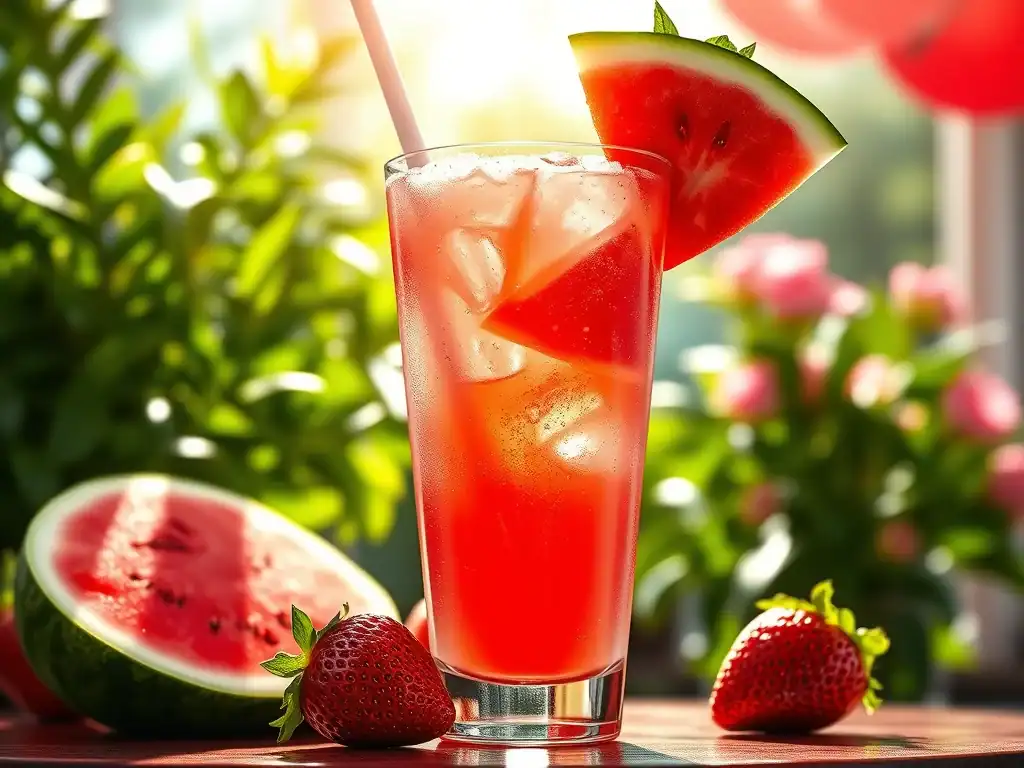 Refreshing watermelon and strawberry lemonade in a tall glass with ice and a slice of watermelon on.