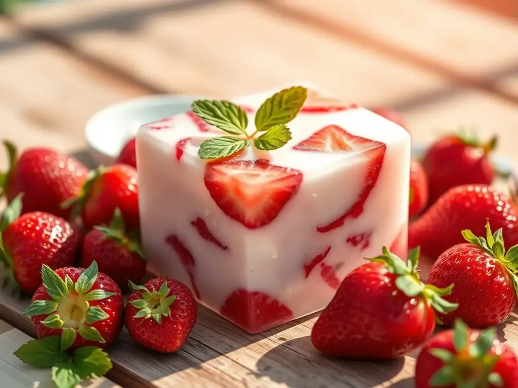 Fresh strawberry and yogurt ice block with mint garnish.