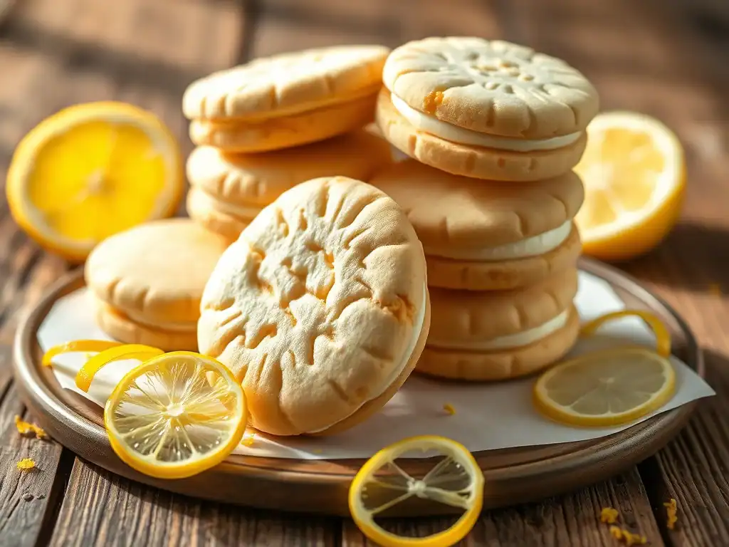 Delicious lemon shortbread cookies with a creamy sour cream flavor on a wooden platter.
