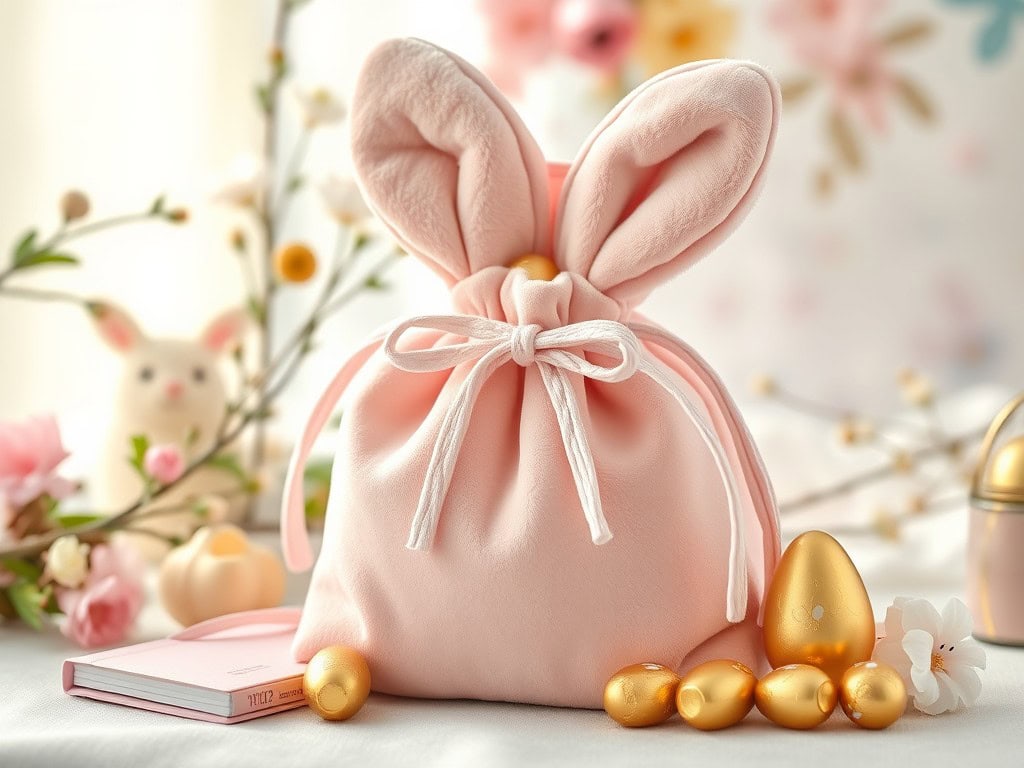 Easter bunny gift bag with soft pink fabric and bunny ears, perfect for Easter baskets.