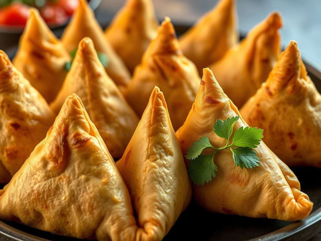 Delicious homemade vegetable samosas with crispy golden pastry and fresh fillings. Perfect for healt.