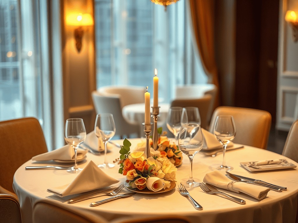 Elegant dining table with candles, flowers, and glassware in a sophisticated restaurant setting.