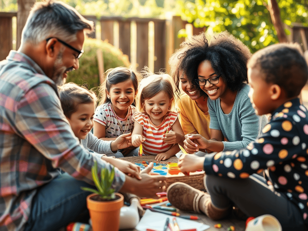 Children and adults enjoying a playgroup session outdoors, fostering social skills and early childho.