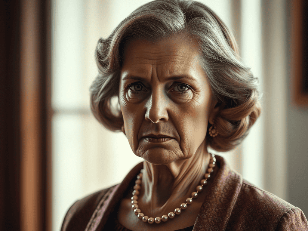Mother-in-law with stern expression, looking serious and disapproving indoors.