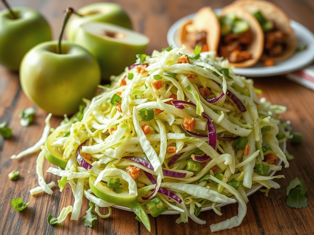 Delicious green apple slaw with cabbage, nuts, and fresh apples for healthy salads.