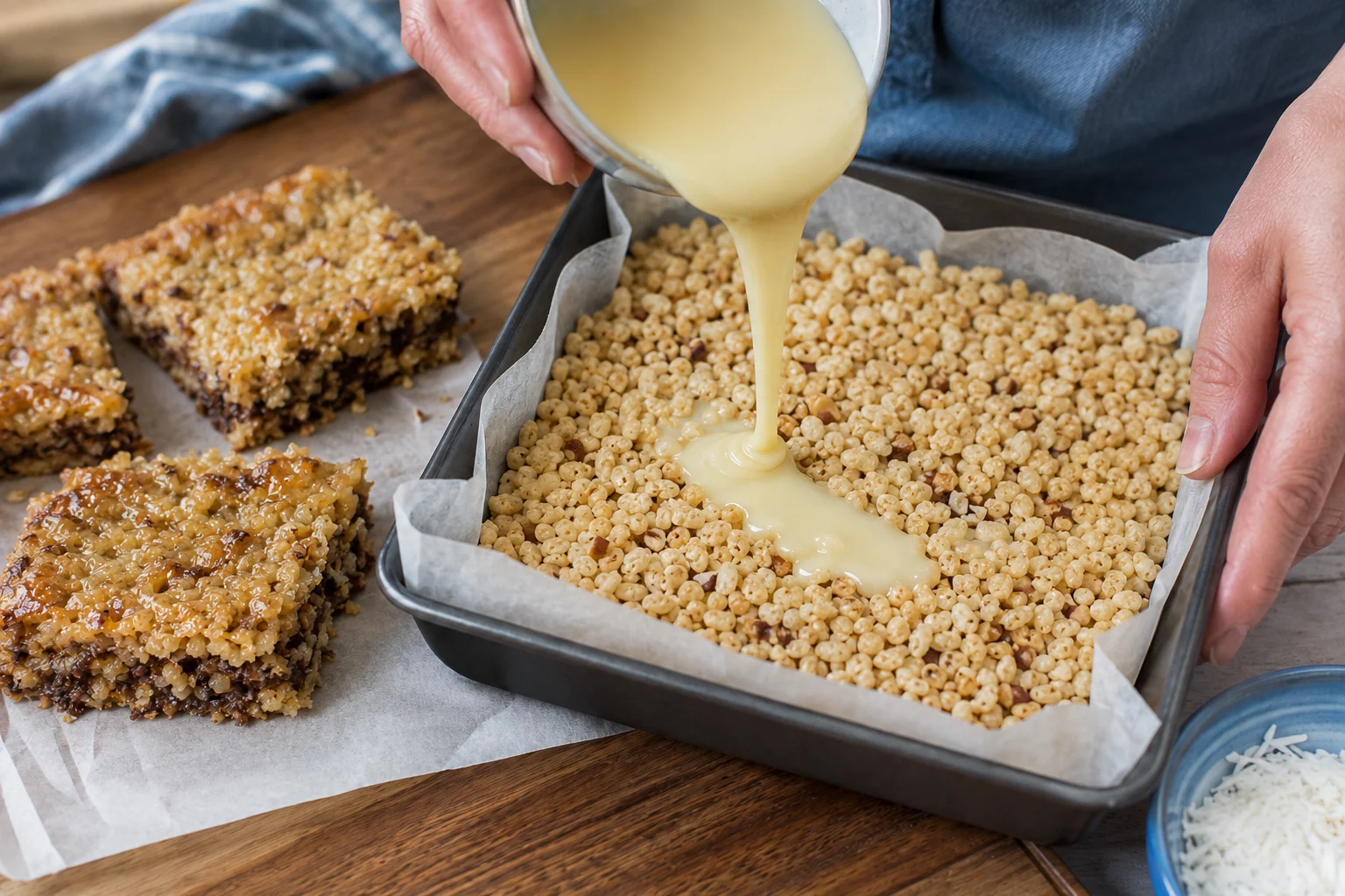 Person pours pale yellow cream over a puffed rice cereal base in a parchment lined baking pan