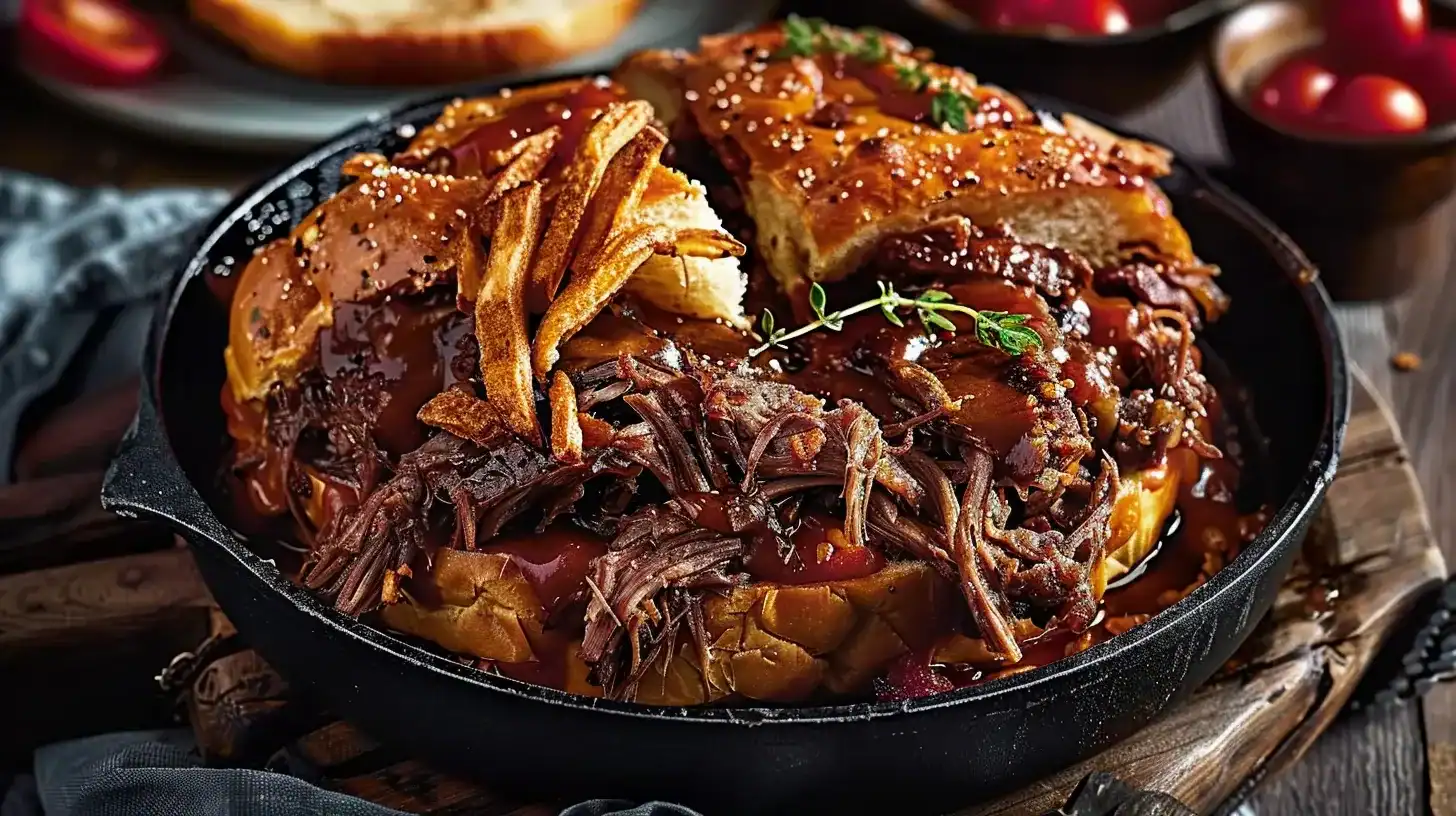 Slow-Cooked Pulled Beef Topped with Parmy Crusted Bread and Onion Jam