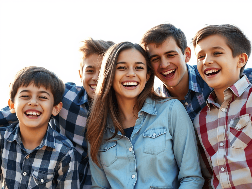 Happy family of five smiling and laughing outdoors on a sunny day.