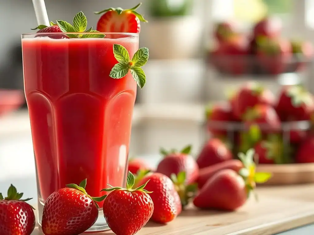 Bright red strawberry smoothie garnished with mint leaves in a tall glass.