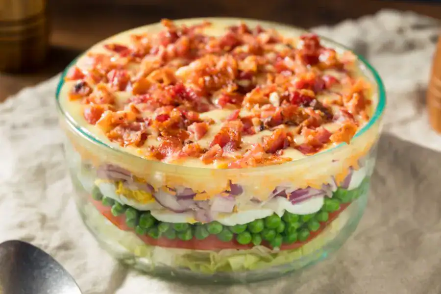 Seven Layer Salad with Bacon and Vegetables.