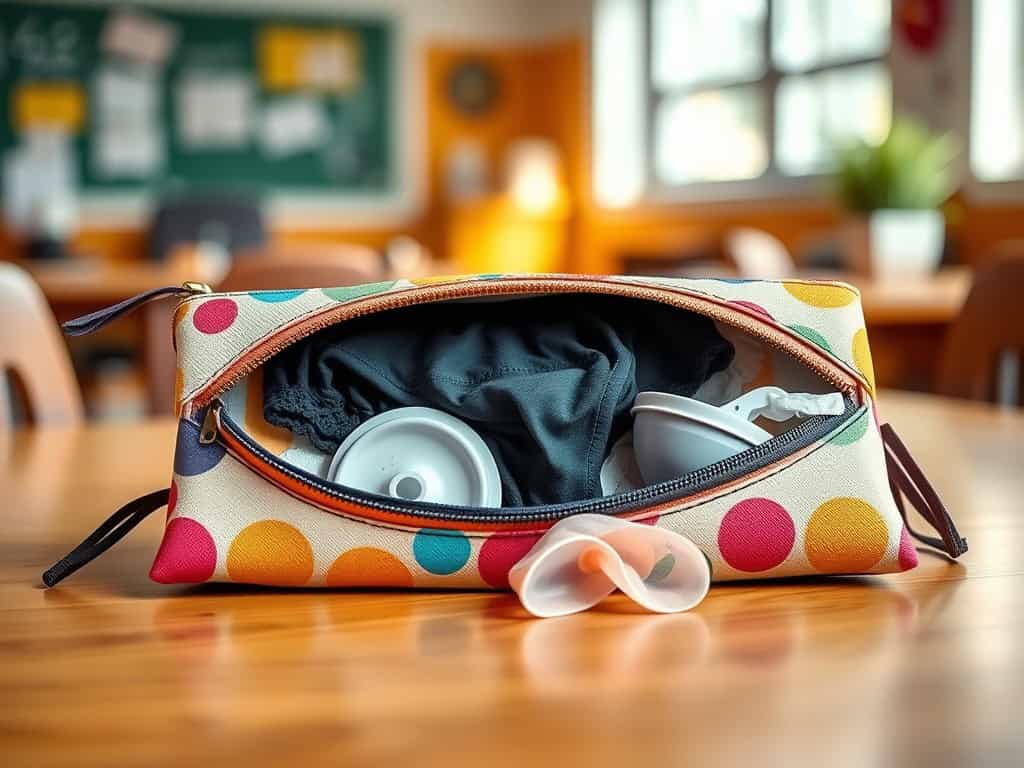Girl's first period kit with pads, wipes, and essentials in a colourful bag.
