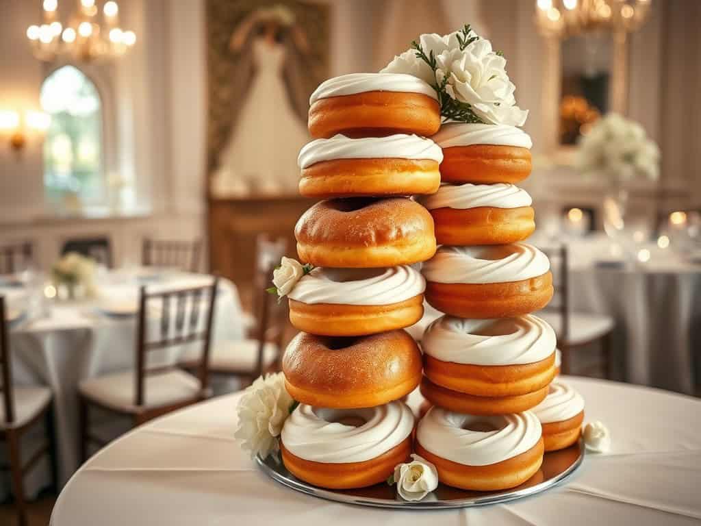 Delicious doughnut wedding cake with white icing and floral decorations, perfect for affordable wedd.