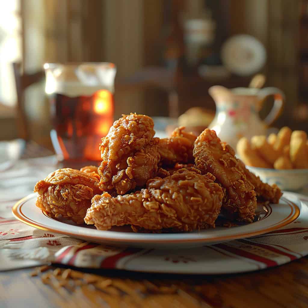 Crispy homemade fried chicken resembling KFC style, perfect for a family meal.