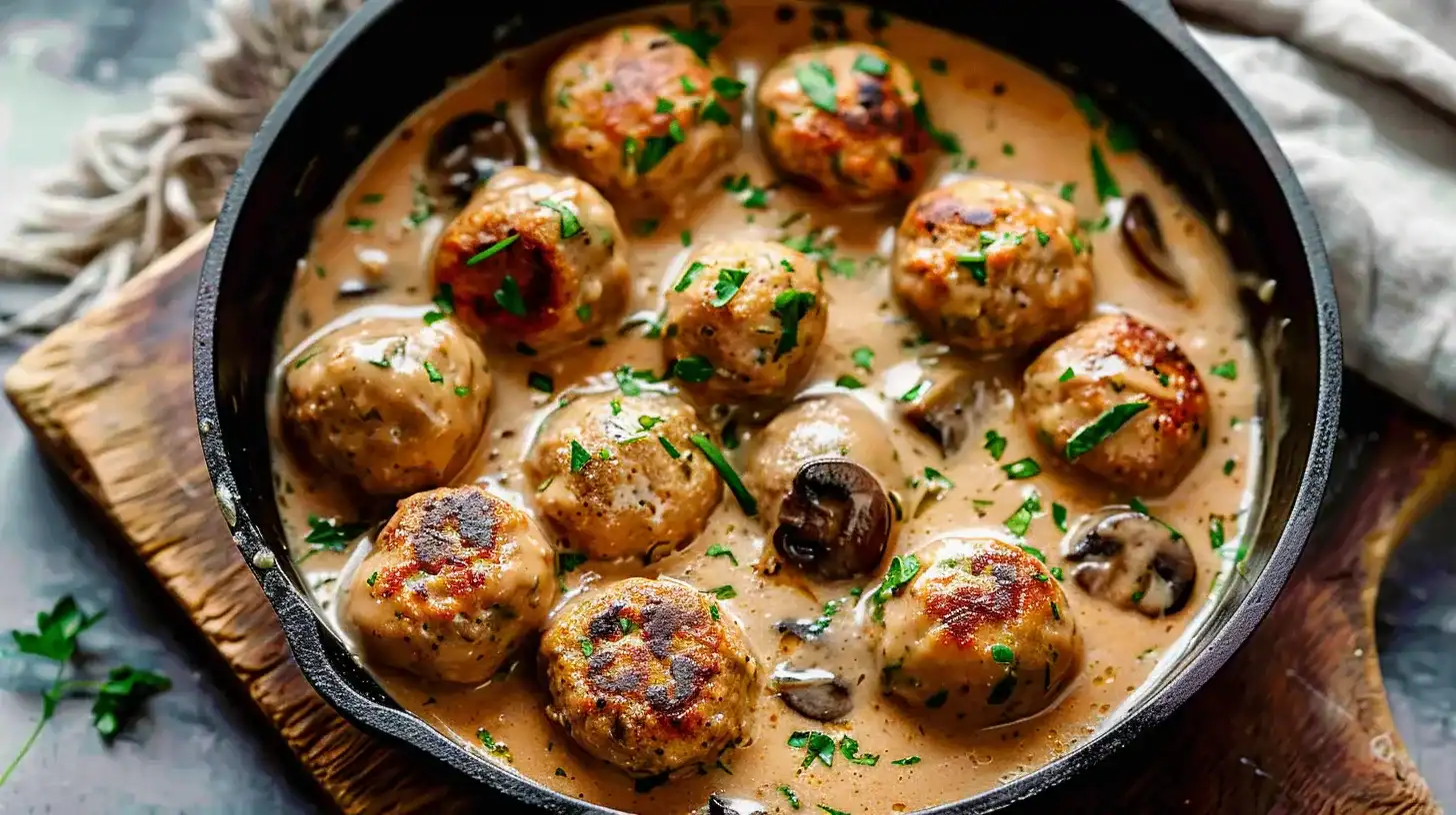 Delicious chicken meatballs in creamy mushroom gravy, garnished with fresh herbs, served in a skille.