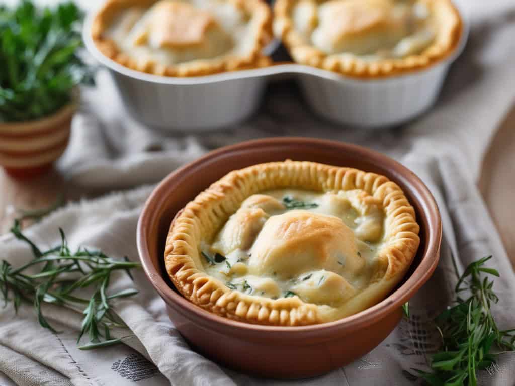 Mini chicken pot pies with flaky crust and creamy filling, perfect for quick family dinners or enter.