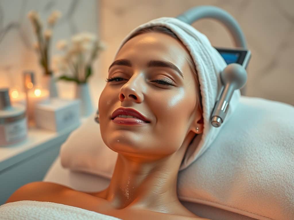 Woman enjoying a luxurious skincare treatment with advanced facial equipment.