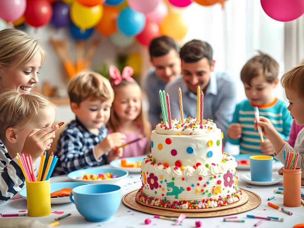 Kids enjoying birthday cake at a party with colourful balloons and decorations.