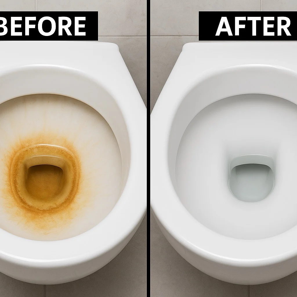 Before and after comparison of a toilet bowl showing heavy brown limescale stains on the left and a sparkling clean white surface on the right