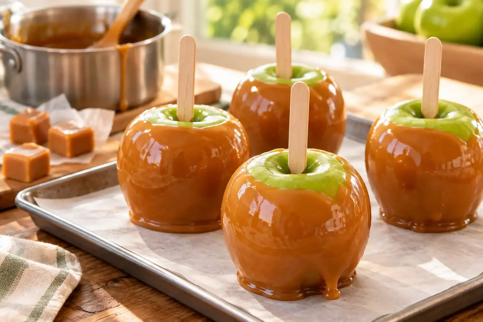 Caramel apples with green caramel coating and wooden sticks on a baking tray