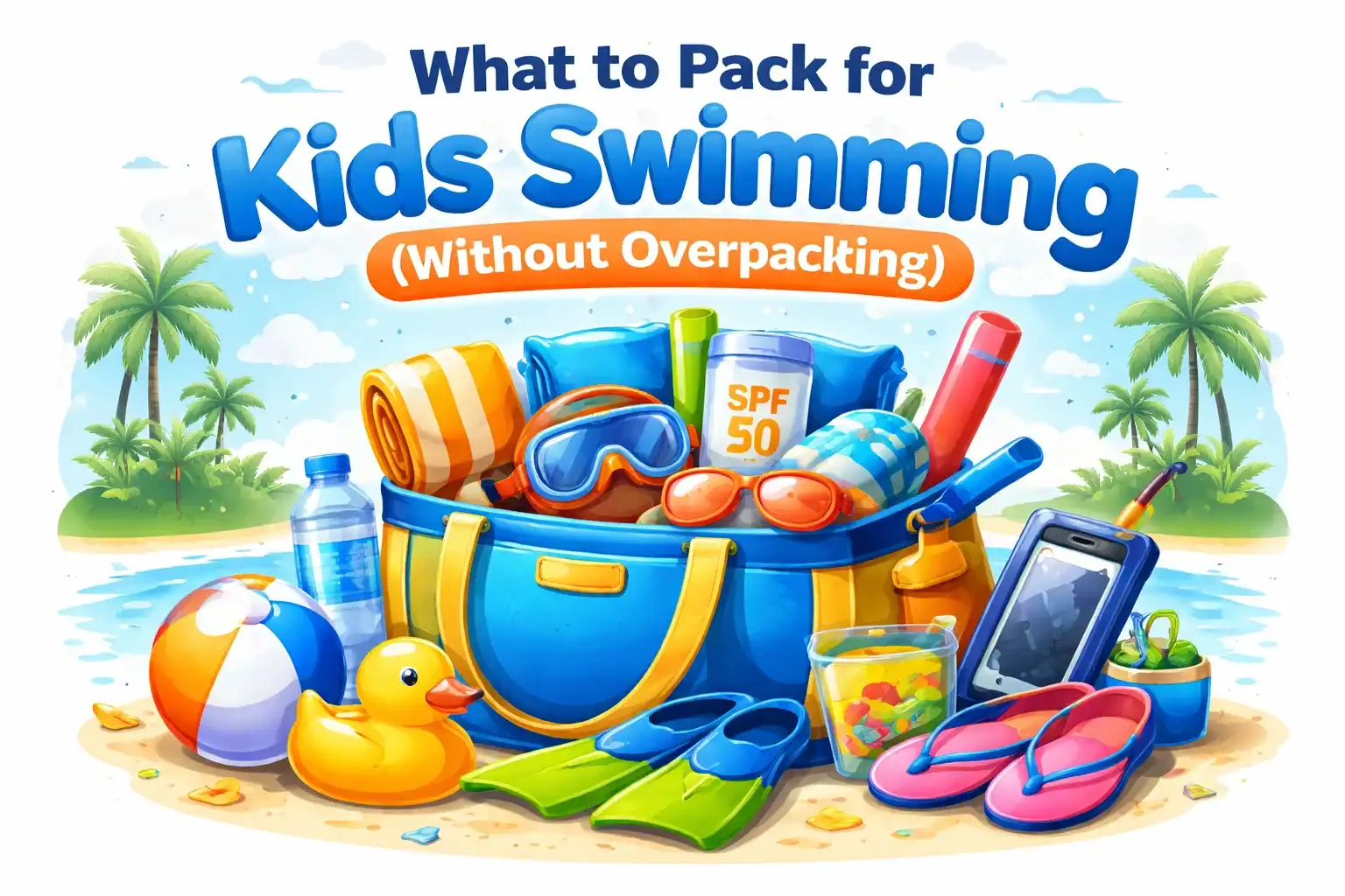 Beach bag with kids' swimming essentials for a day at the pool or beach.