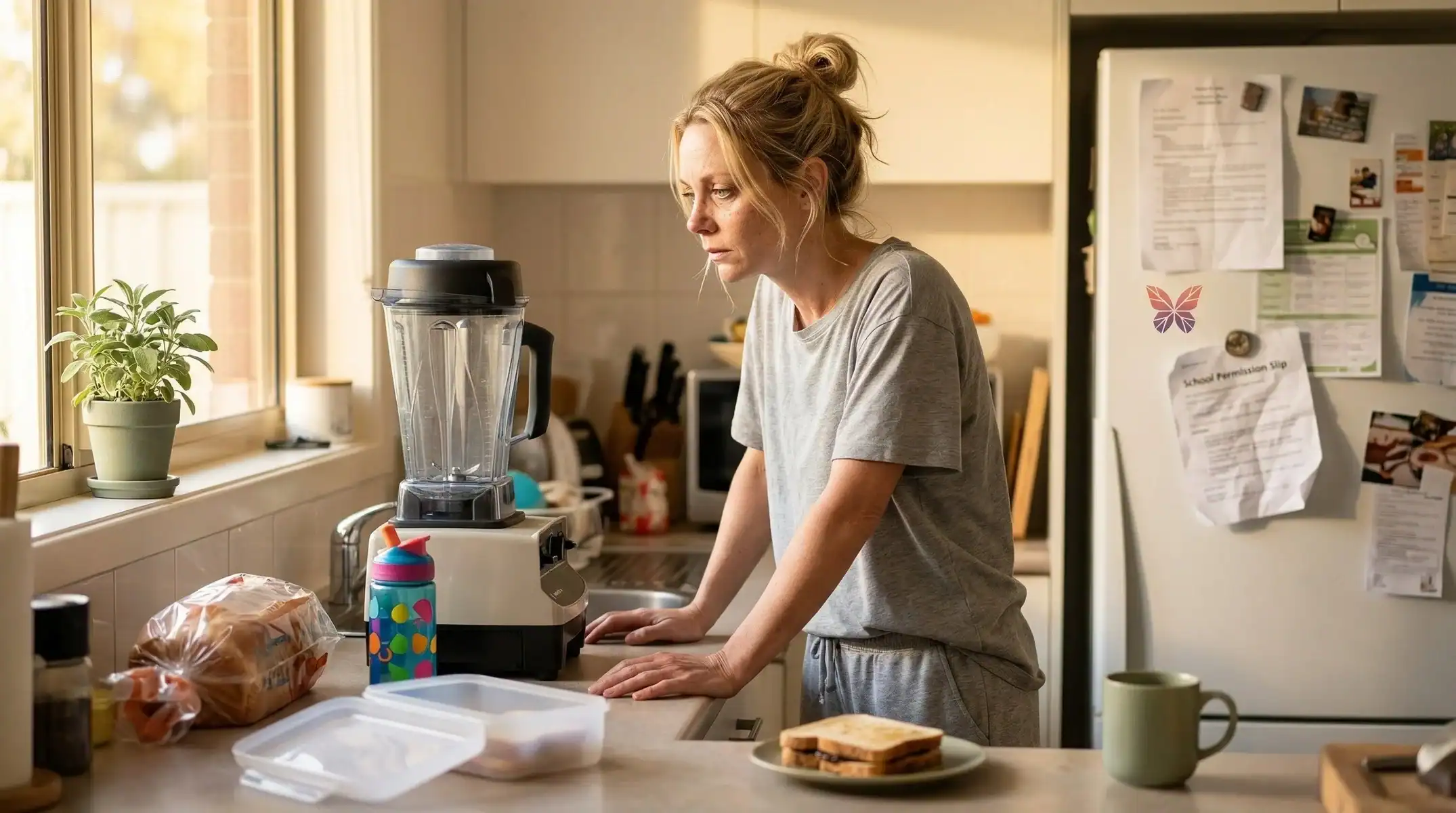 Overwhelmed mum preparing breakfast in a busy kitchen at home.