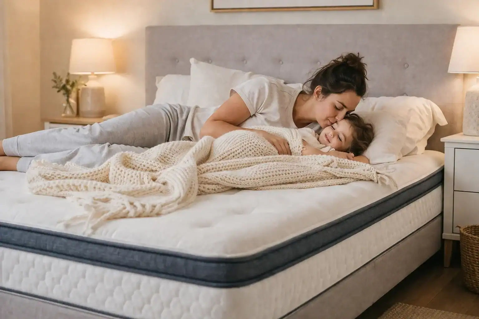 Mother and daughter enjoying a cozy sleep on a comfortable mattress.