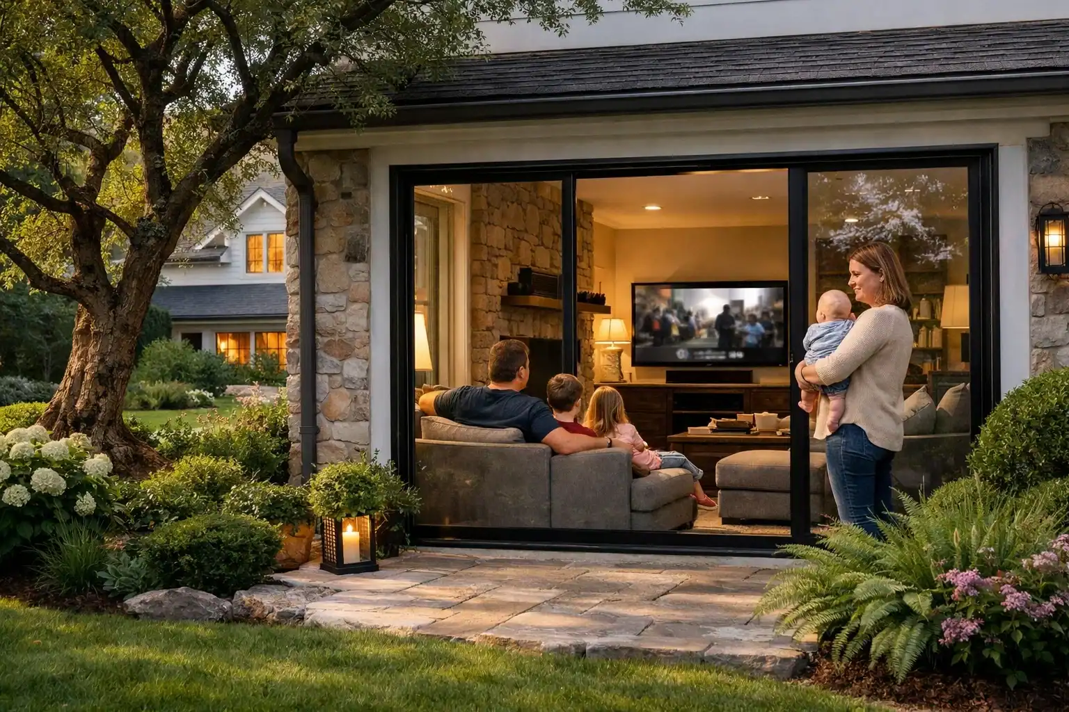 Family relaxing indoors with clean, bright home after cleaning tips.