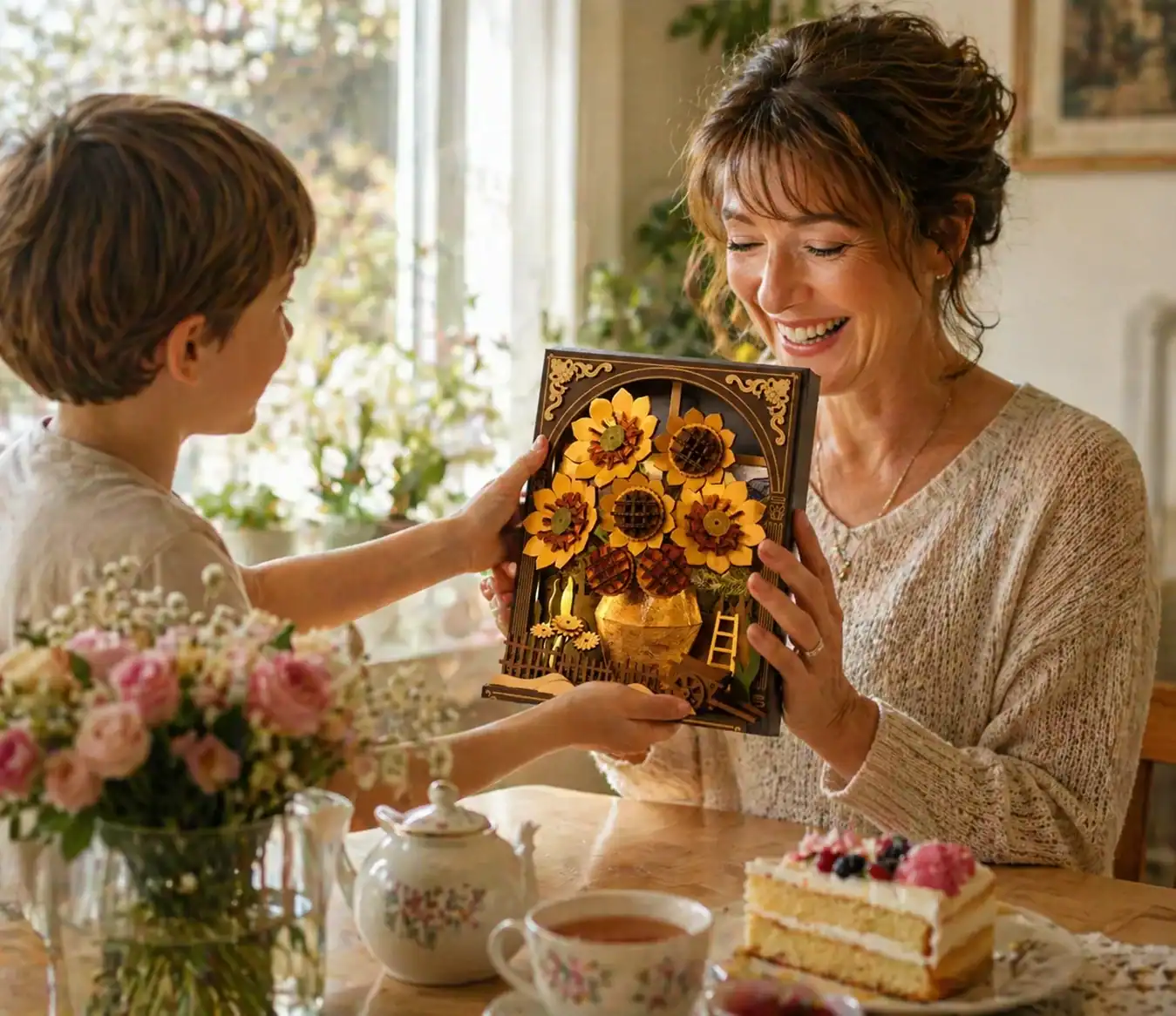 Sunflower Mother’s Day gift exchange between mother and child.