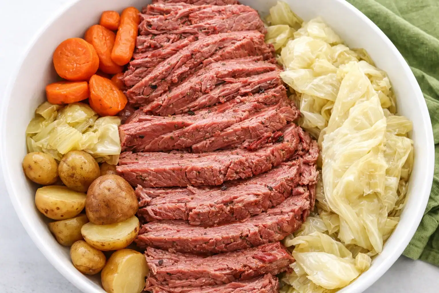 Juicy slow cooker corned beef with cabbage, carrots, and potatoes for a family dinner.