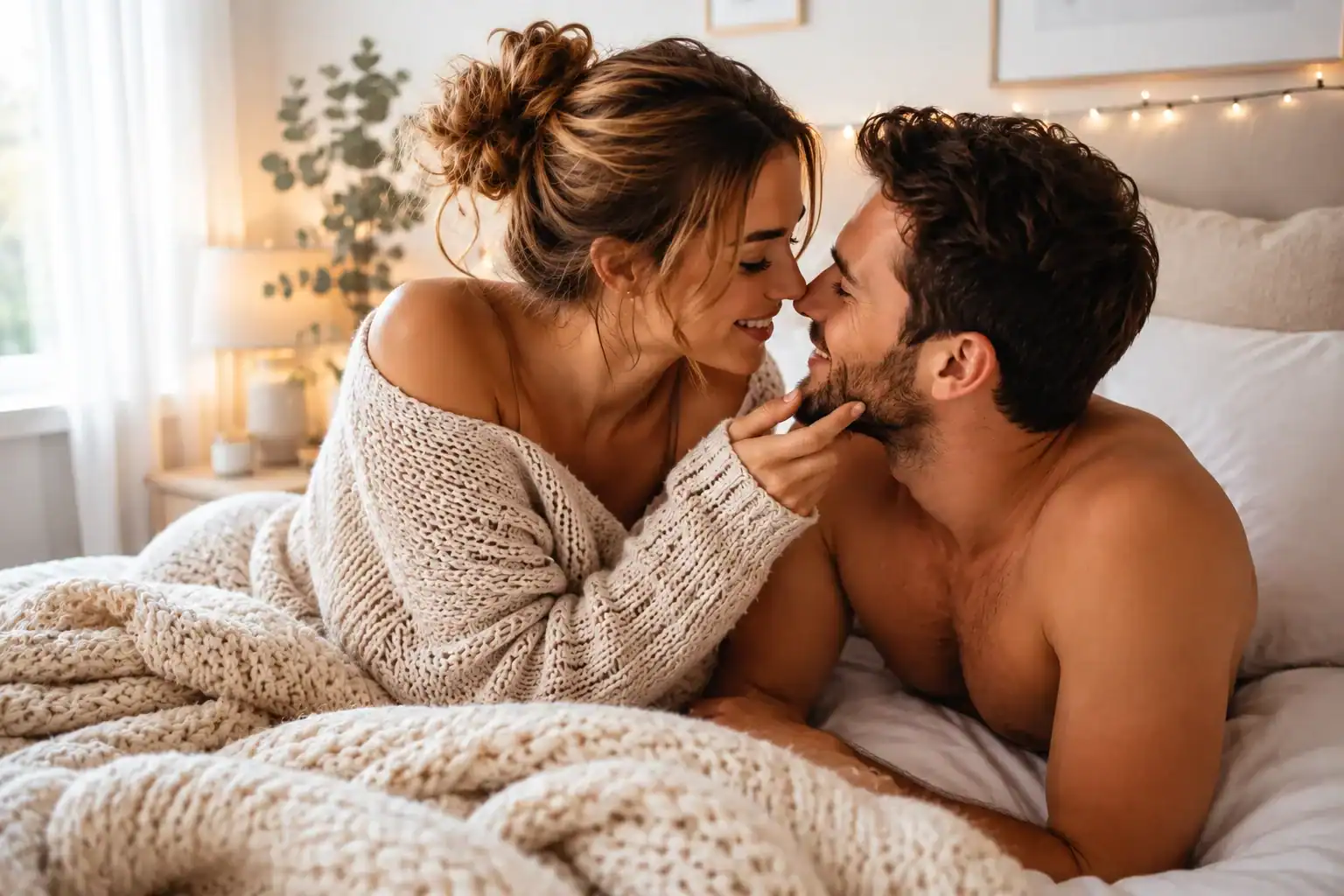 Couple sharing a tender moment in bed during winter, cozy and intimate setting.