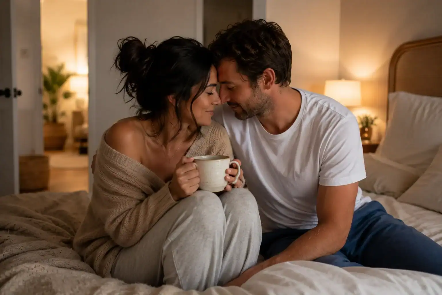 Happy couple sharing a warm coffee in a cozy bedroom setting.