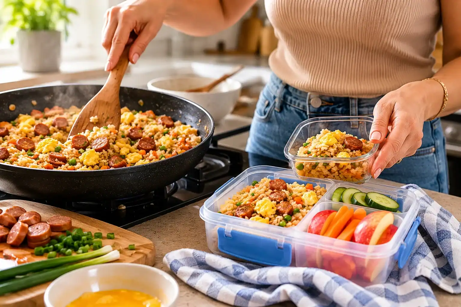 Healthy homemade meal prep with cooked quinoa, vegetables, and ground meat in a glass container.