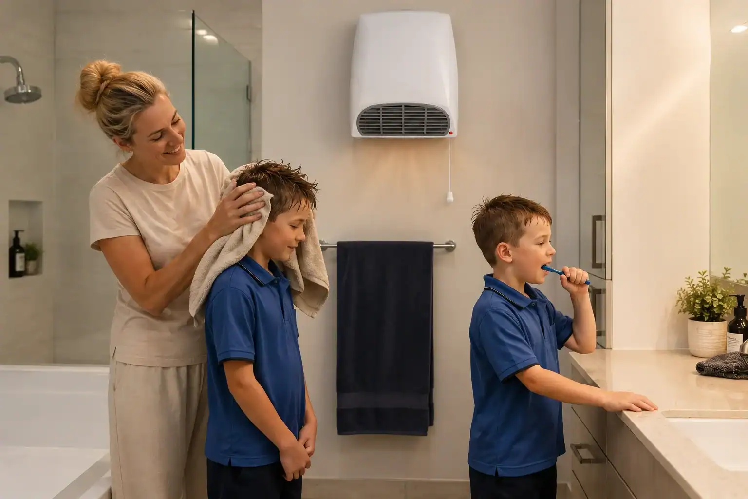 Family enjoying warm bathroom with heater on wall.
