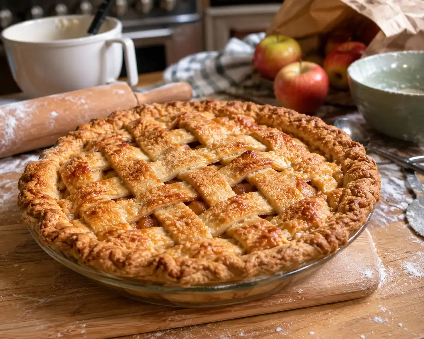 Delicious homemade apple pie with a golden lattice crust, perfect for family gatherings and cozy hom.