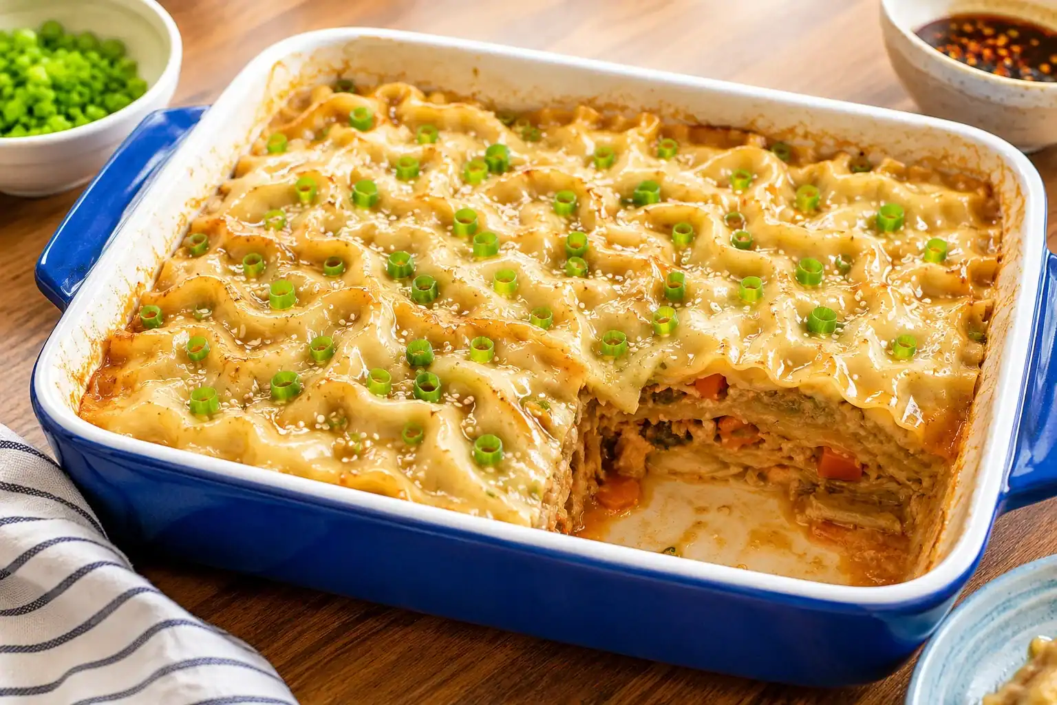 Delicious pork dumpling casserole topped with green onions in a blue baking dish.