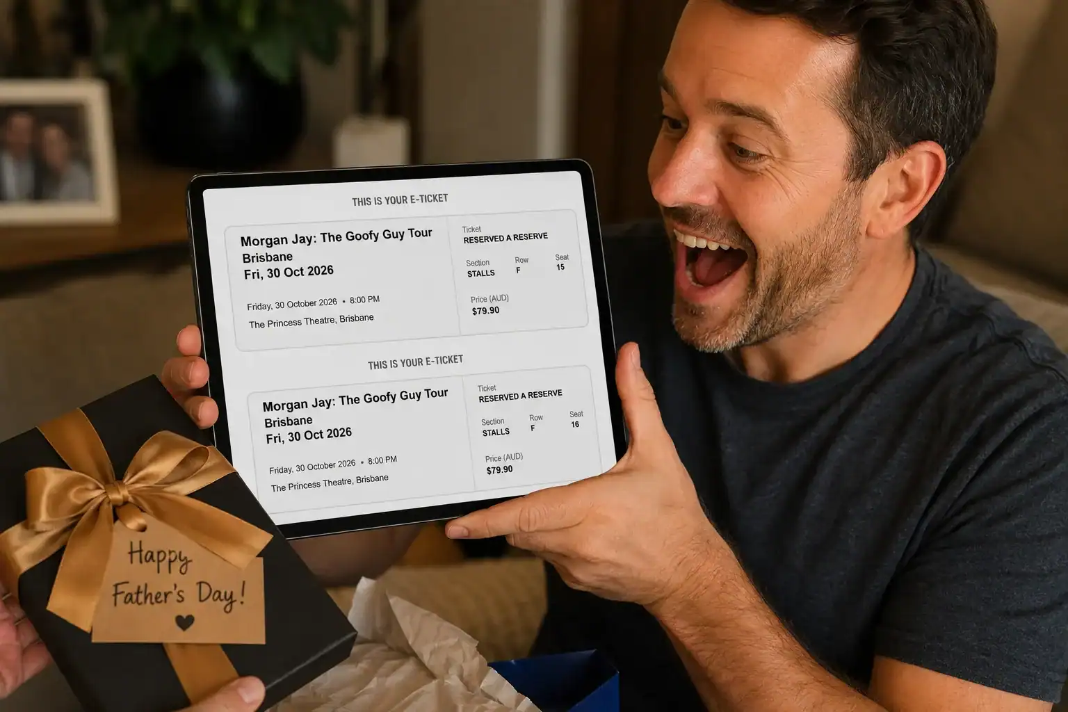 Father's Day gift idea featuring travel tickets displayed on a tablet screen.