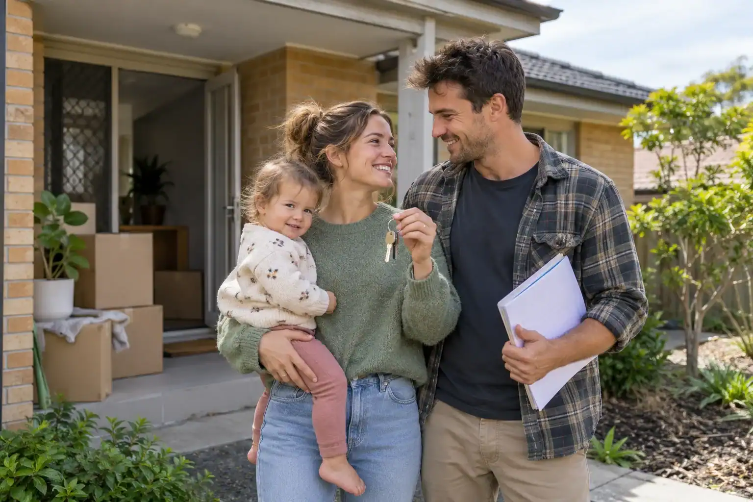 Happy family outside home after mortgage approval in australia