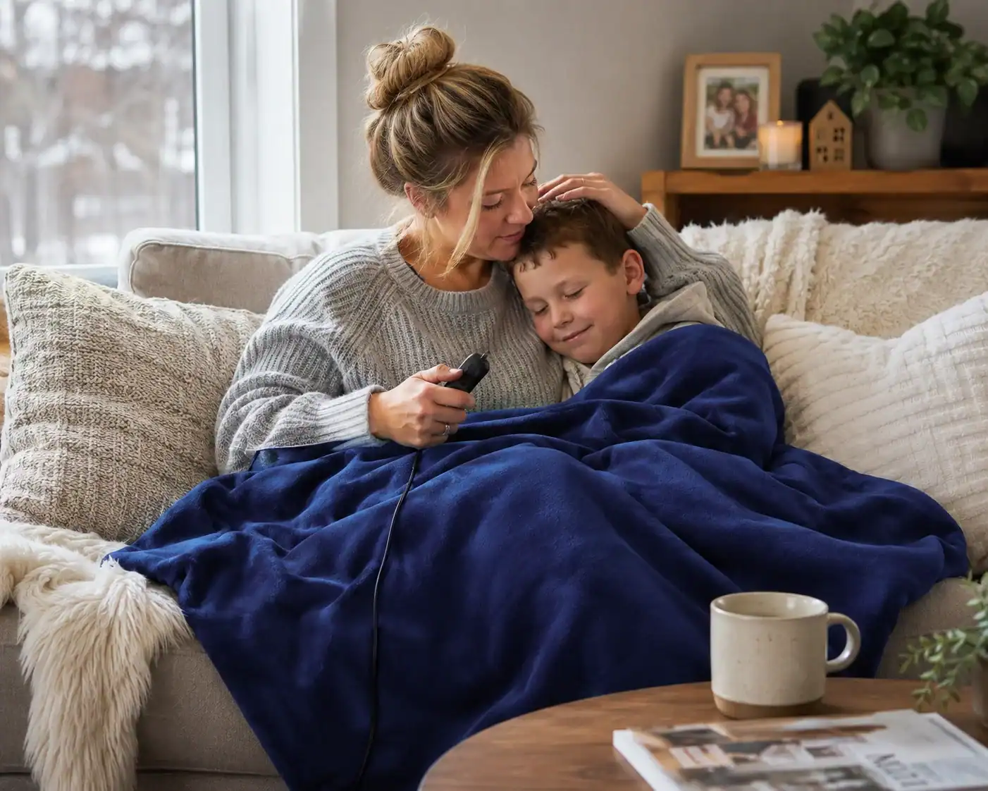 Mother and son cuddling on sofa, watching TV together at home.
