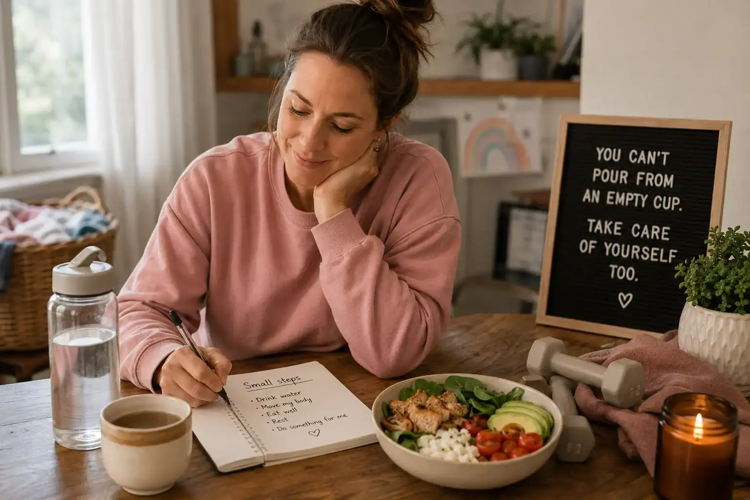 A woman in a pink sweatshirt writes in a notebook titled 'Small steps' at a wooden table, surrounded by a water bottle, mug, and a bowl of salad, with a self-care quote board in the background.