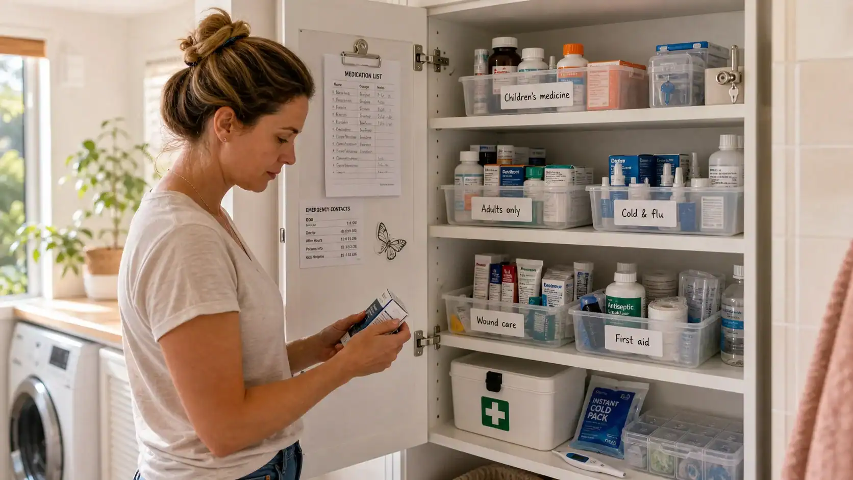 Woman checking medicine in a well-organised home medicine cabinet.