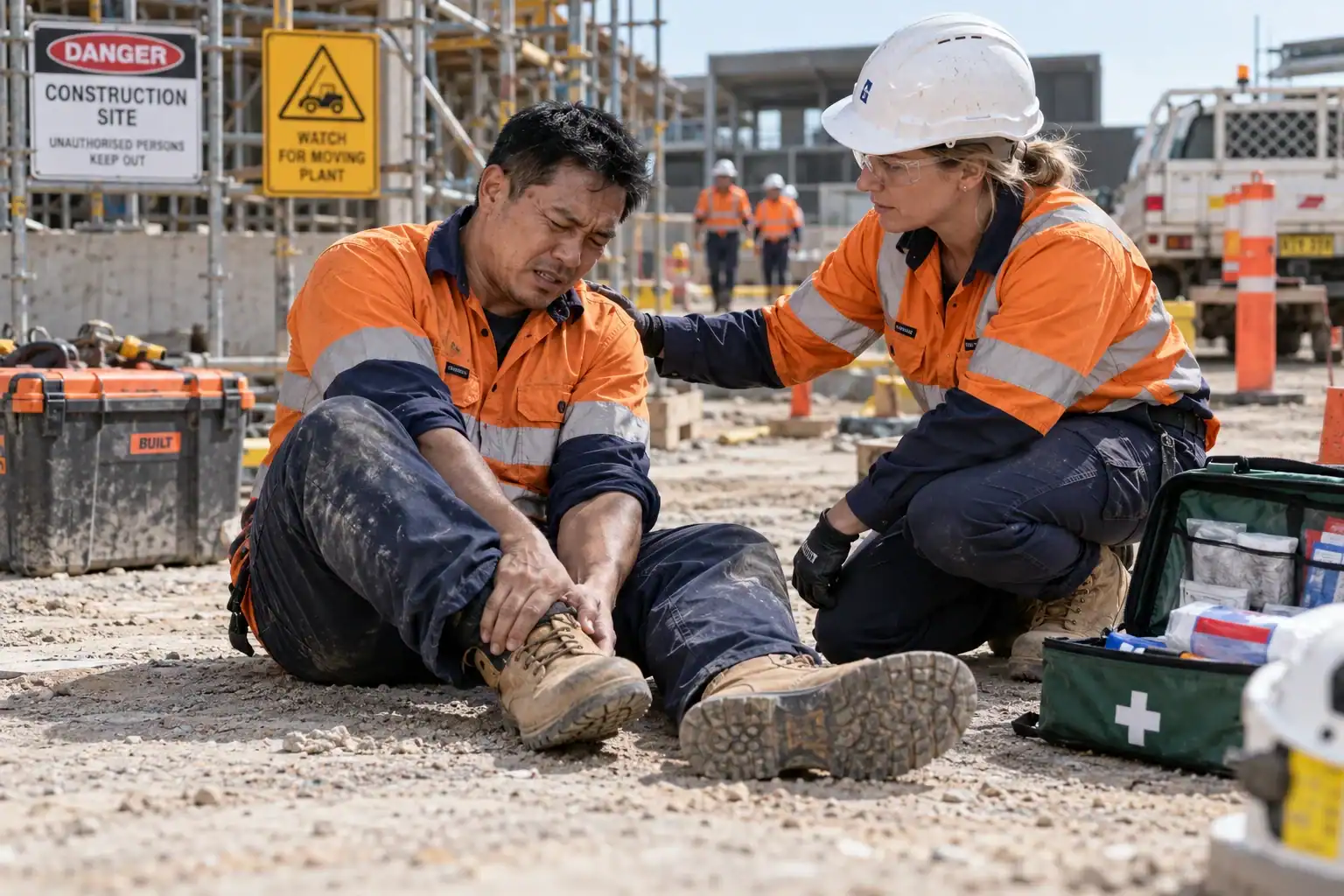 Two construction workers in orange safety vests attend to an injured man sitting on the dirt at a construction site with a first aid kit nearby