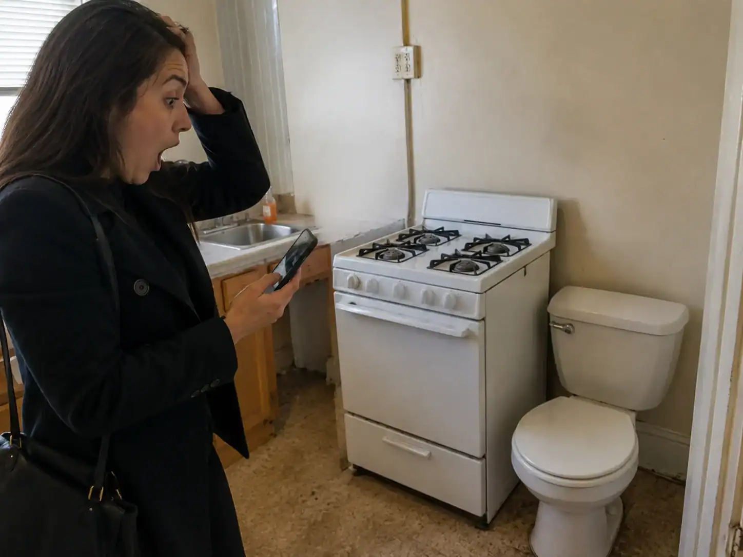 Woman looking shocked at a kitchen with a stove and toilet.
