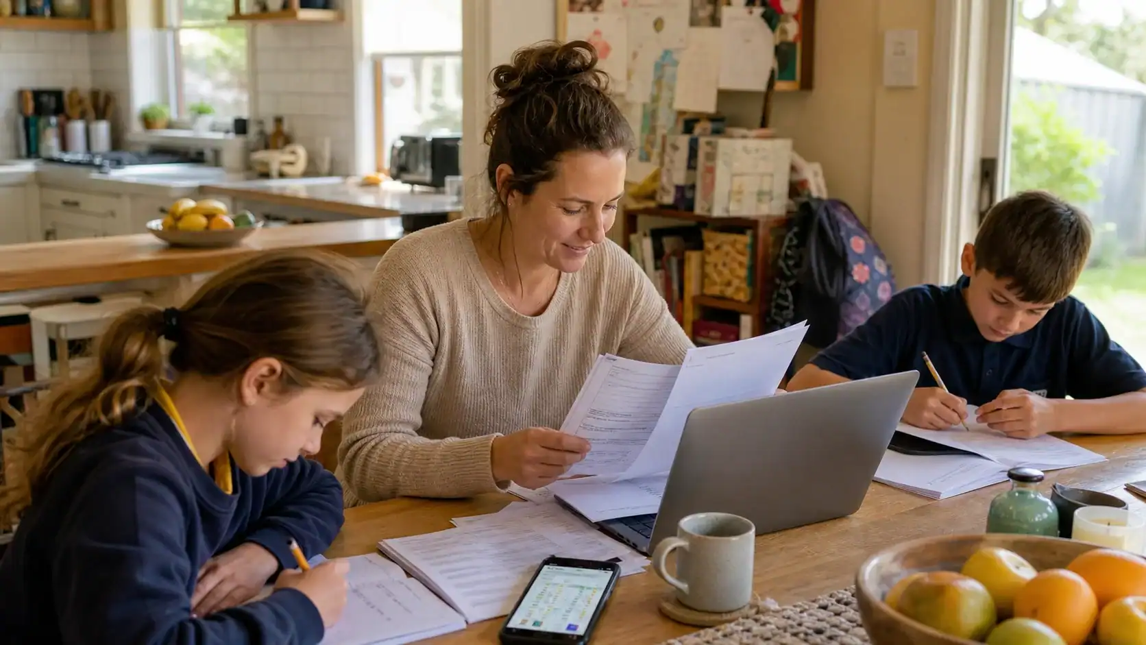 Mother working on laptop with children doing homework at home.