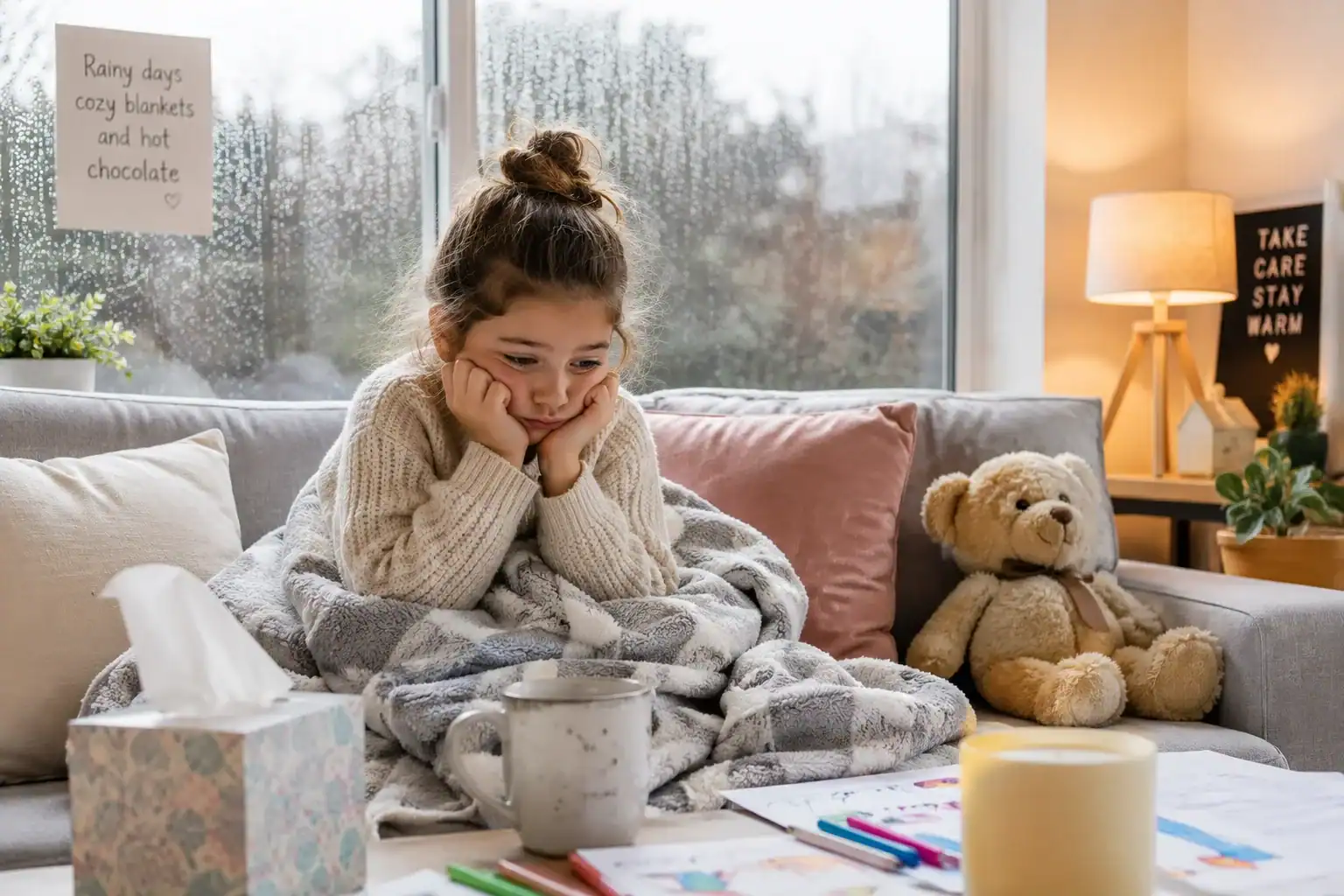 Girl with cold resting on sofa with tissues and blanket during rainy day.