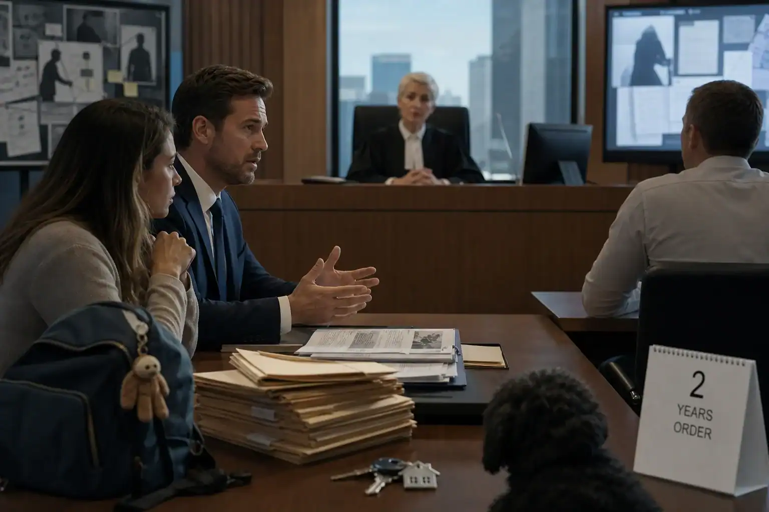 Business meeting with four people in a conference room with large screens