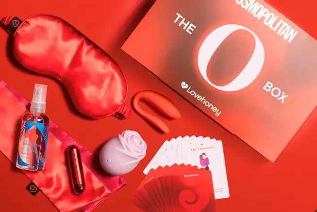 Adult toy and accessory set with red satin eye mask and cards