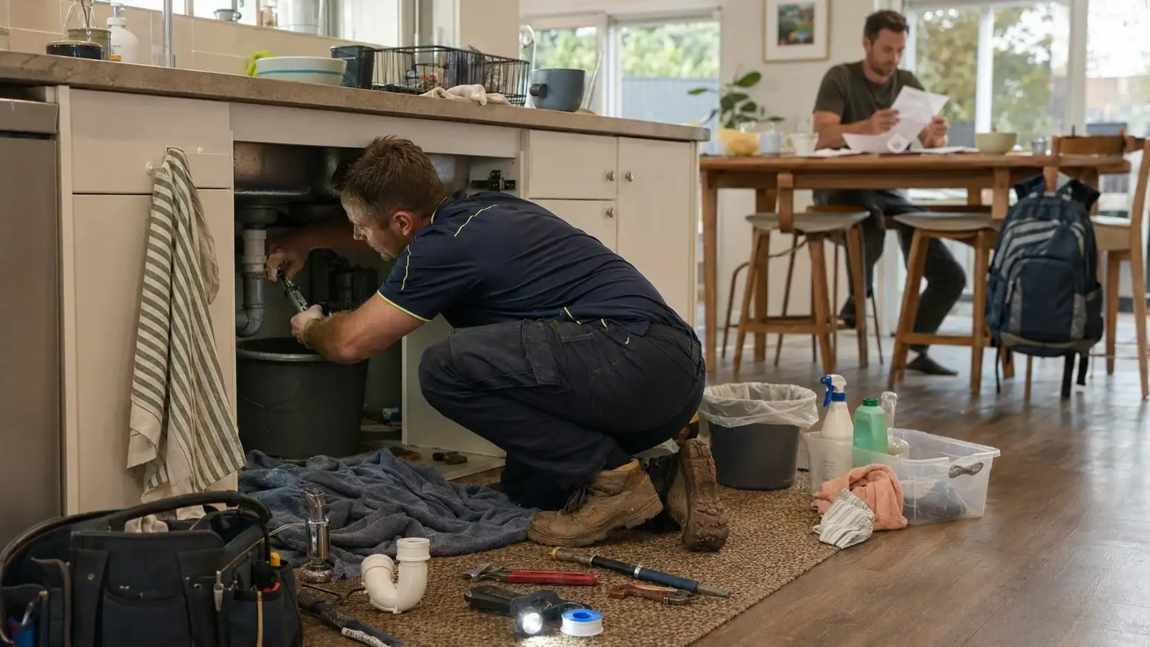 Man fixing under kitchen sink in a modern home.