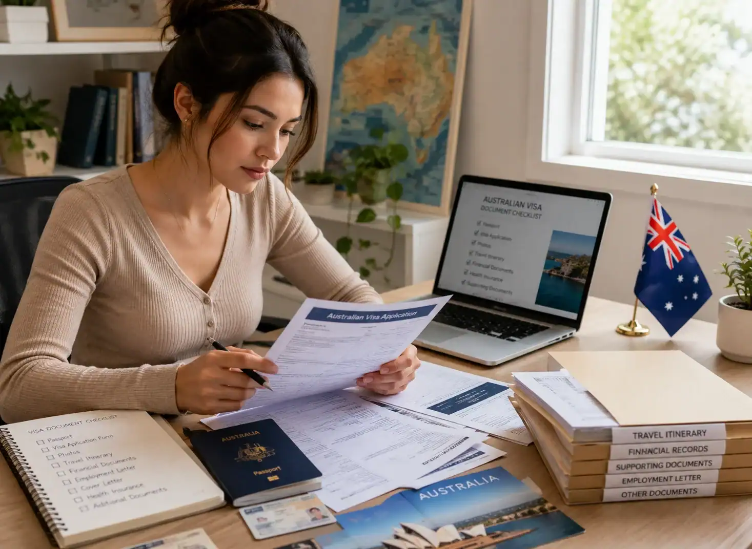 Woman reviewing Australian visa documents at desk with Australian flag.