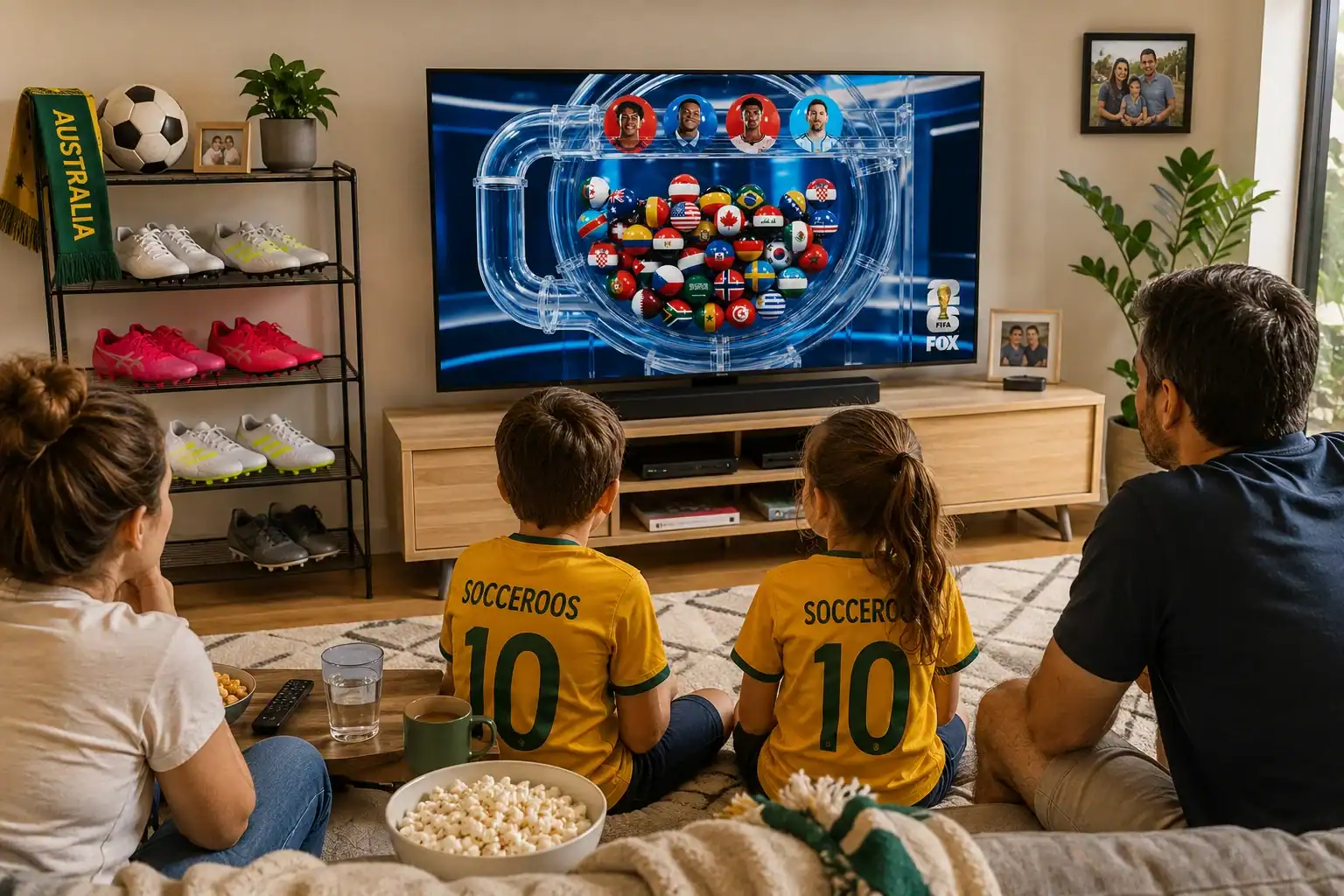 Family enjoying FIFA World Cup 2026 match on TV with kids in soccer jerseys.
