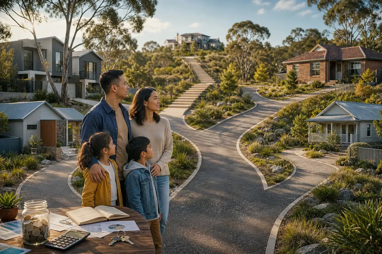 Family of four viewing a landscaped residential neighbourhood with house plans keys and a calculator on a table